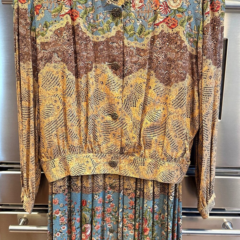 Vintage Carole Little Skirt and Top Set, Gorgeous Print, Size 14, Elastic Waist